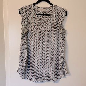 Loft white/pink/green/navy patterned sleeveless v-neck blouse - size Large